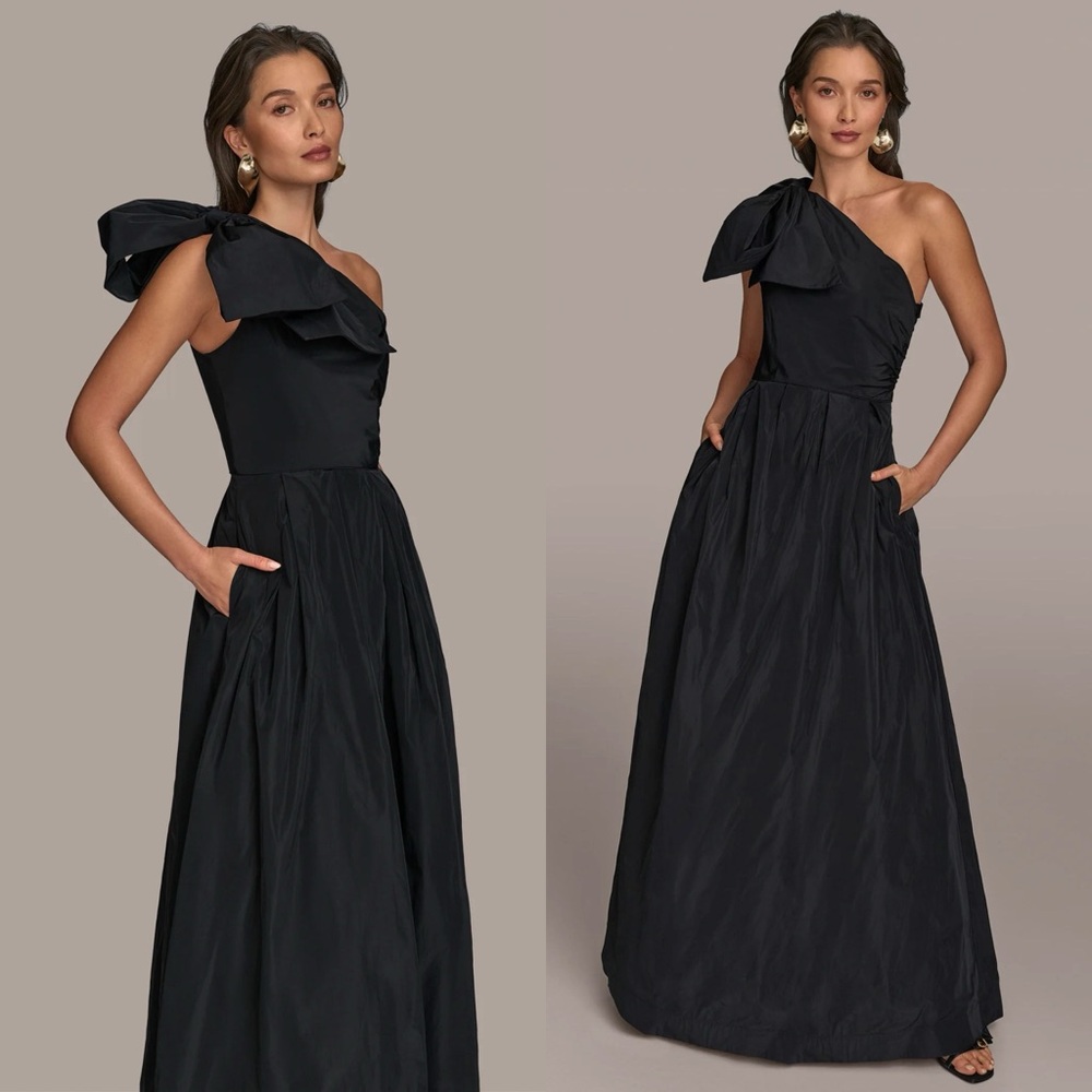 Donna Karan / Black One-Shoulder Bow Embellished Ball Gown Dress
